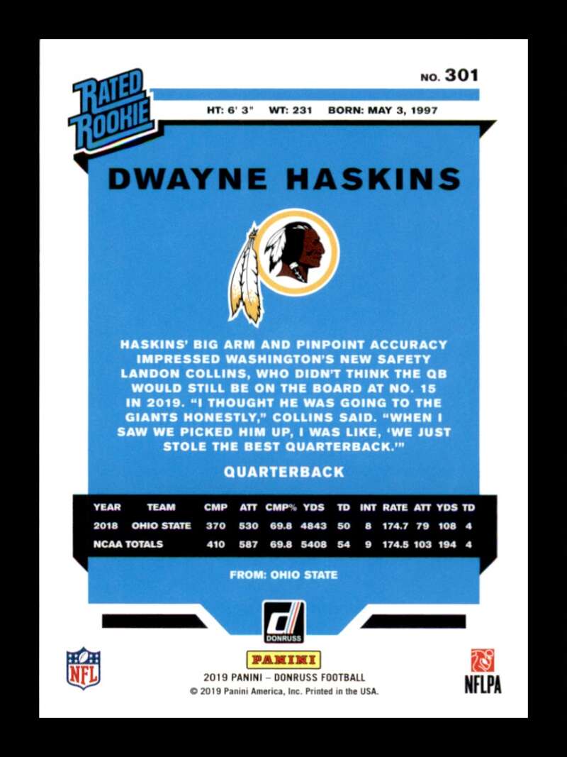 Load image into Gallery viewer, 2019 Donruss Dwayne Haskins #301 Rookie RC Washington Redskins Image 2
