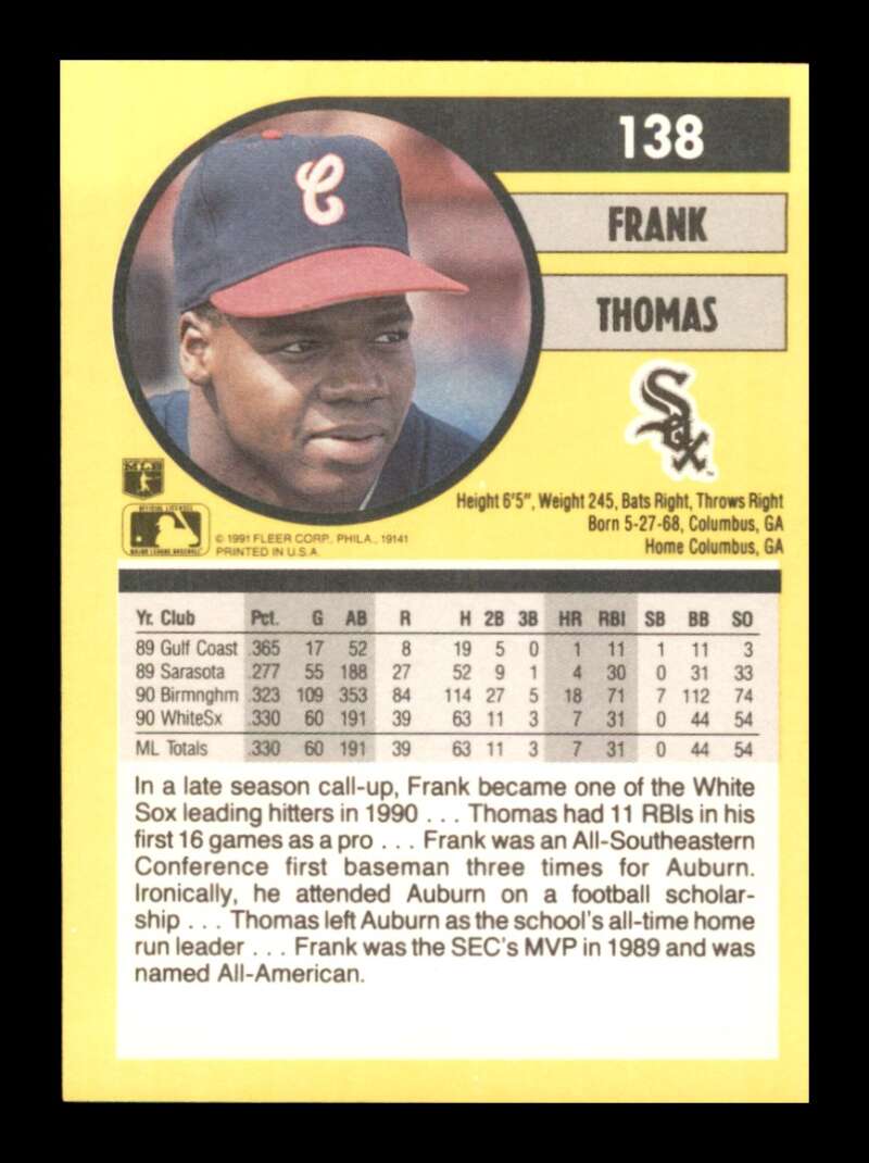 Load image into Gallery viewer, 1991 Fleer Frank Thomas #138 Chicago White Sox Image 2
