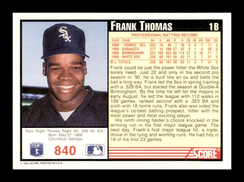 Load image into Gallery viewer, 1991 Score Frank Thomas #840 Chicago White Sox Image 2
