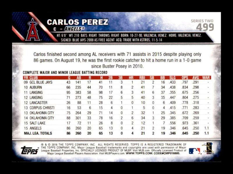 Load image into Gallery viewer, 2016 Topps Carlos Perez #499 Los Angeles Angels Image 2
