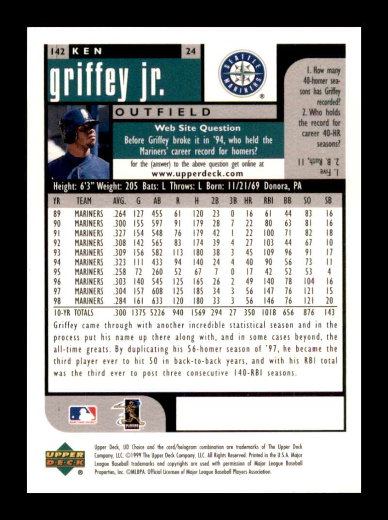 Load image into Gallery viewer, 1999 Upper Deck UD Choice Ken Griffey Jr #142 Seattle Mariners Image 2
