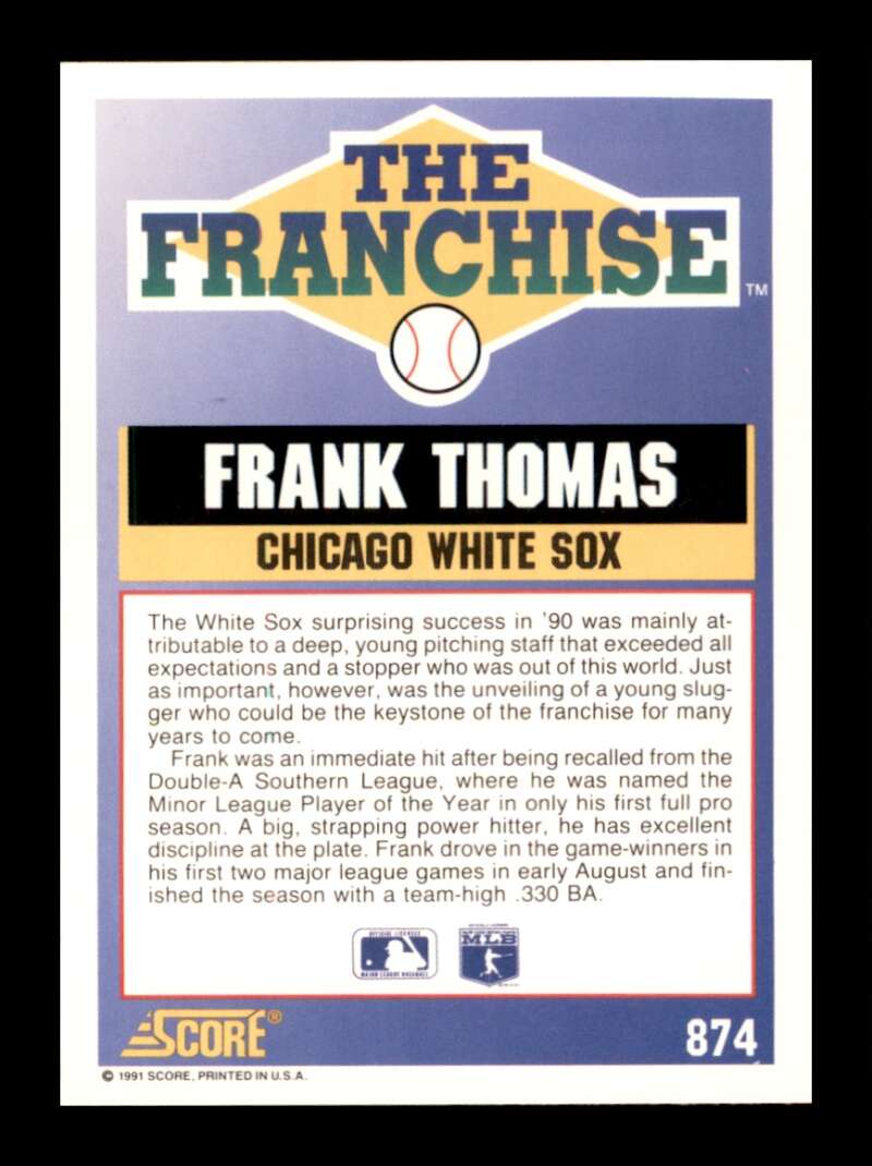 Load image into Gallery viewer, 1991 Score Frank Thomas #874 Chicago White Sox Image 2
