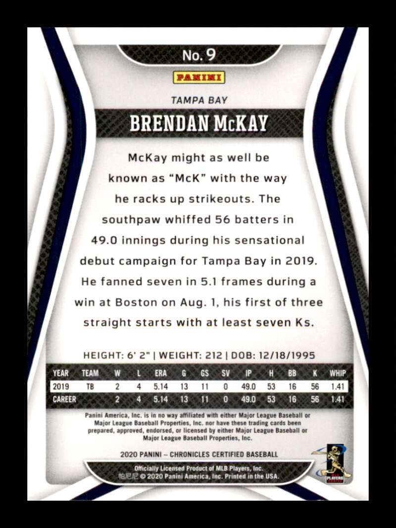 Load image into Gallery viewer, 2020 Panini Chronicles Certified Brendan McKay #9 Rookie RC Tampa Bay Rays Image 2
