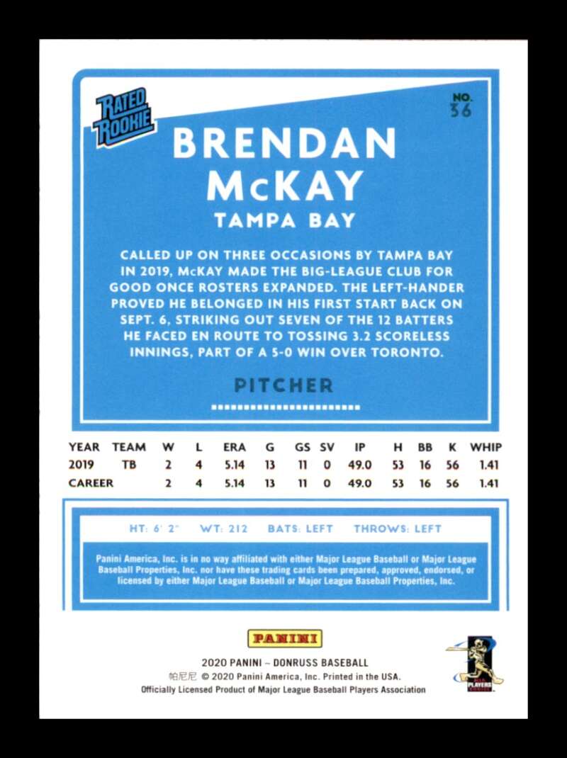 Load image into Gallery viewer, 2020 Donruss Brendan McKay #36 Rookie RC Tampa Bay Rays Image 2
