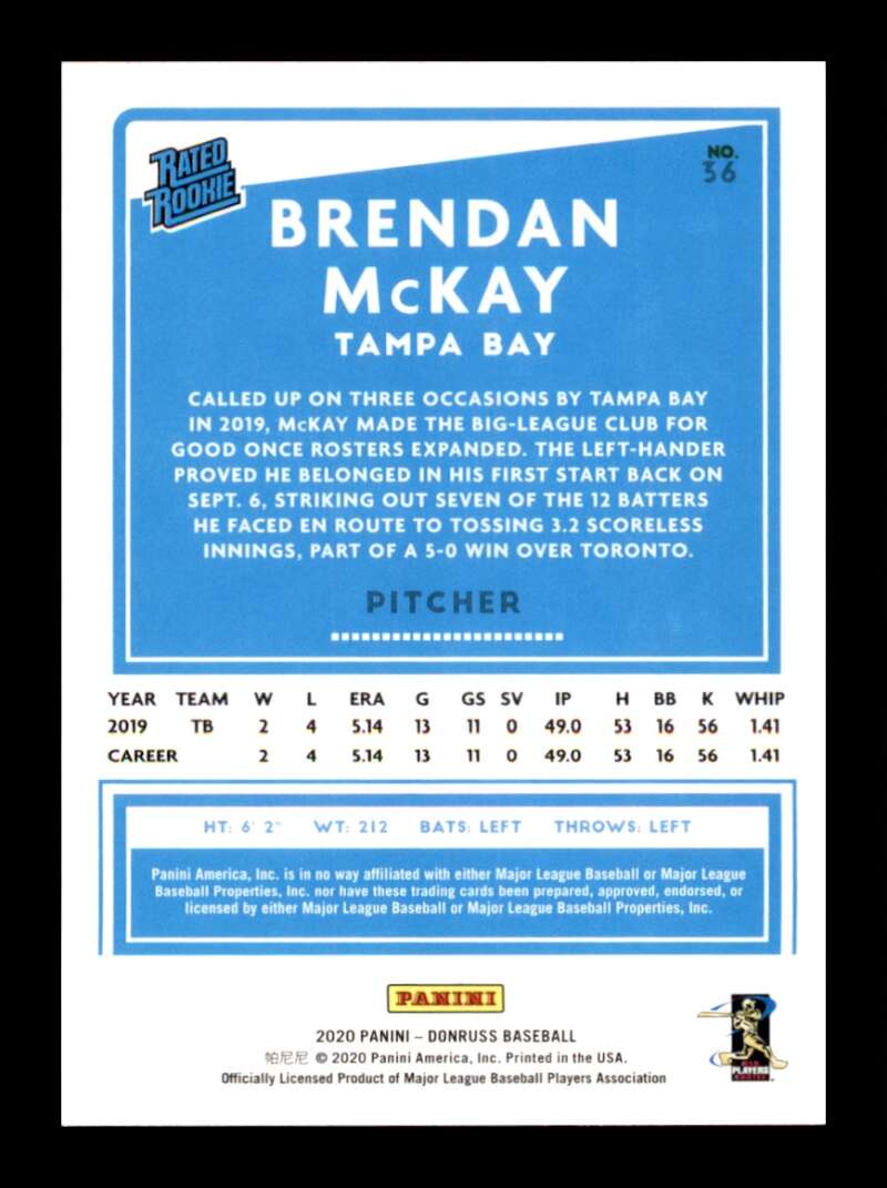 Load image into Gallery viewer, 2020 Donruss Pink Holo Brendan McKay #36 Rookie RC Tampa Bay Rays Image 2
