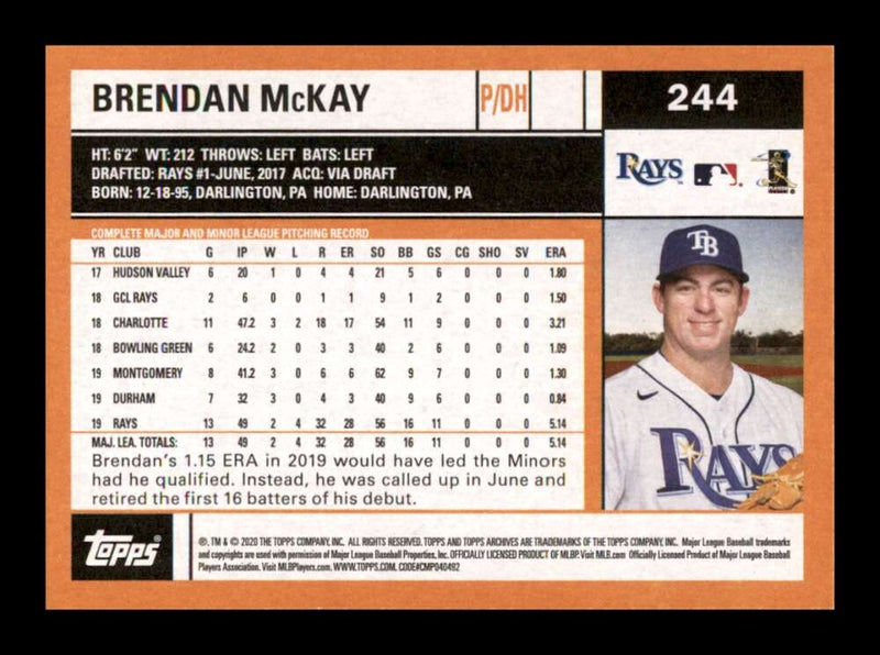 Load image into Gallery viewer, 2020 Topps Archives Brendan McKay #244 Rookie RC Tampa Bay Rays Image 2
