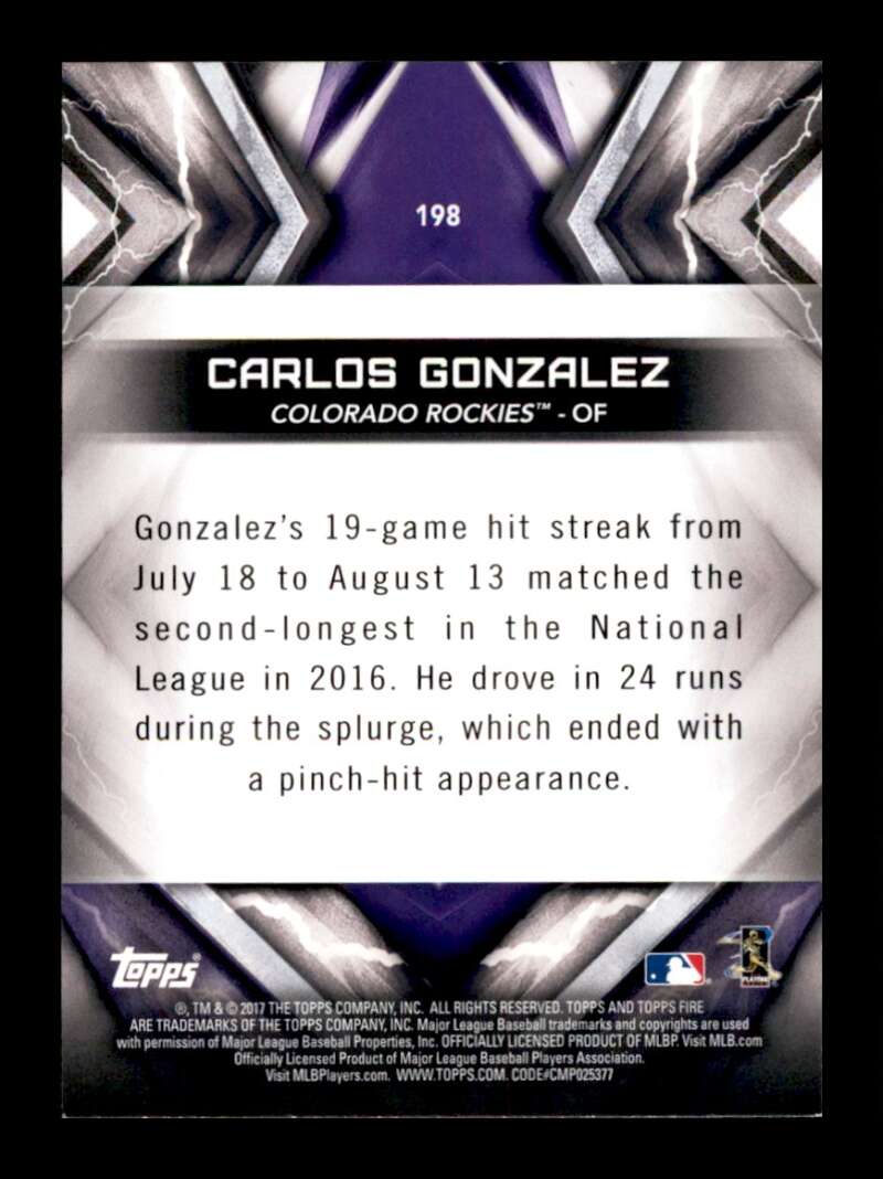 Load image into Gallery viewer, 2017 Topps Fire Blue Chip Carlos Gonzalez #198 Short Print SP Colorado Rockies Image 2
