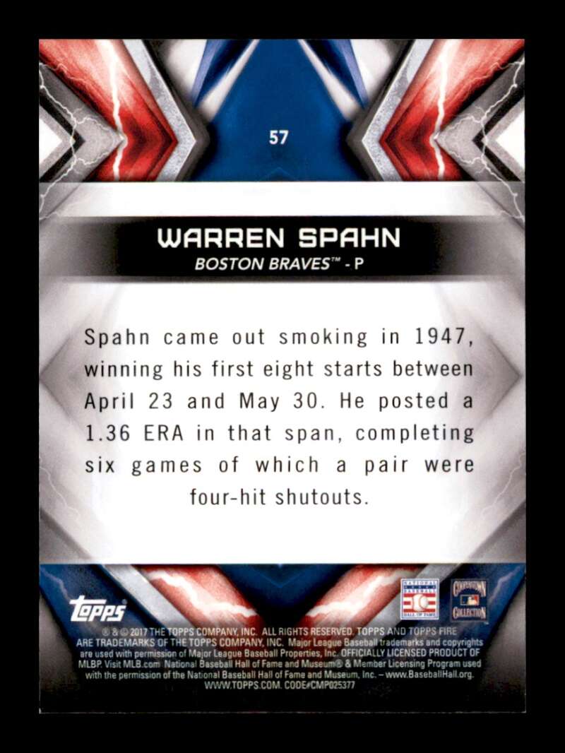 Load image into Gallery viewer, 2017 Topps Fire Flame Warren Spahn #57 Short Print SP Boston Braves Image 2
