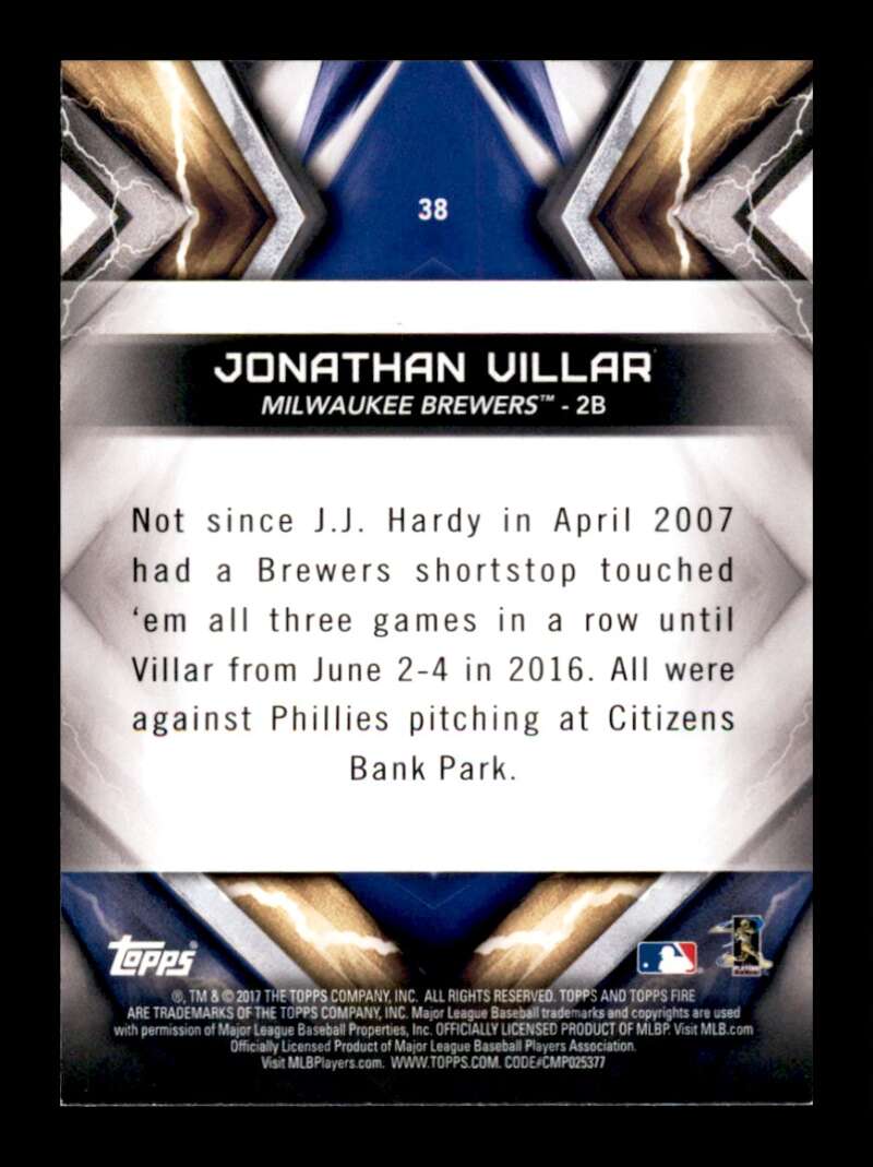 Load image into Gallery viewer, 2017 Topps Fire Flame Jonathan Villar #38 Short Print SP Milwaukee Brewers Image 2
