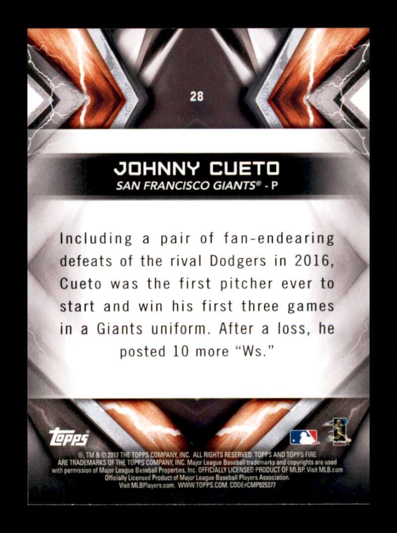 Load image into Gallery viewer, 2017 Topps Fire Flame Johnny Cueto #28 Short Print SP San Francisco Giants Image 2
