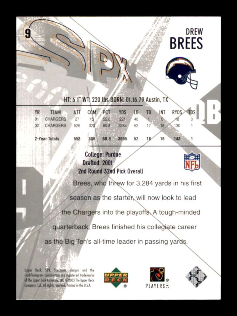 Load image into Gallery viewer, 2003 Upper Deck SPX Drew Brees #9 San Diego Chargers Image 2
