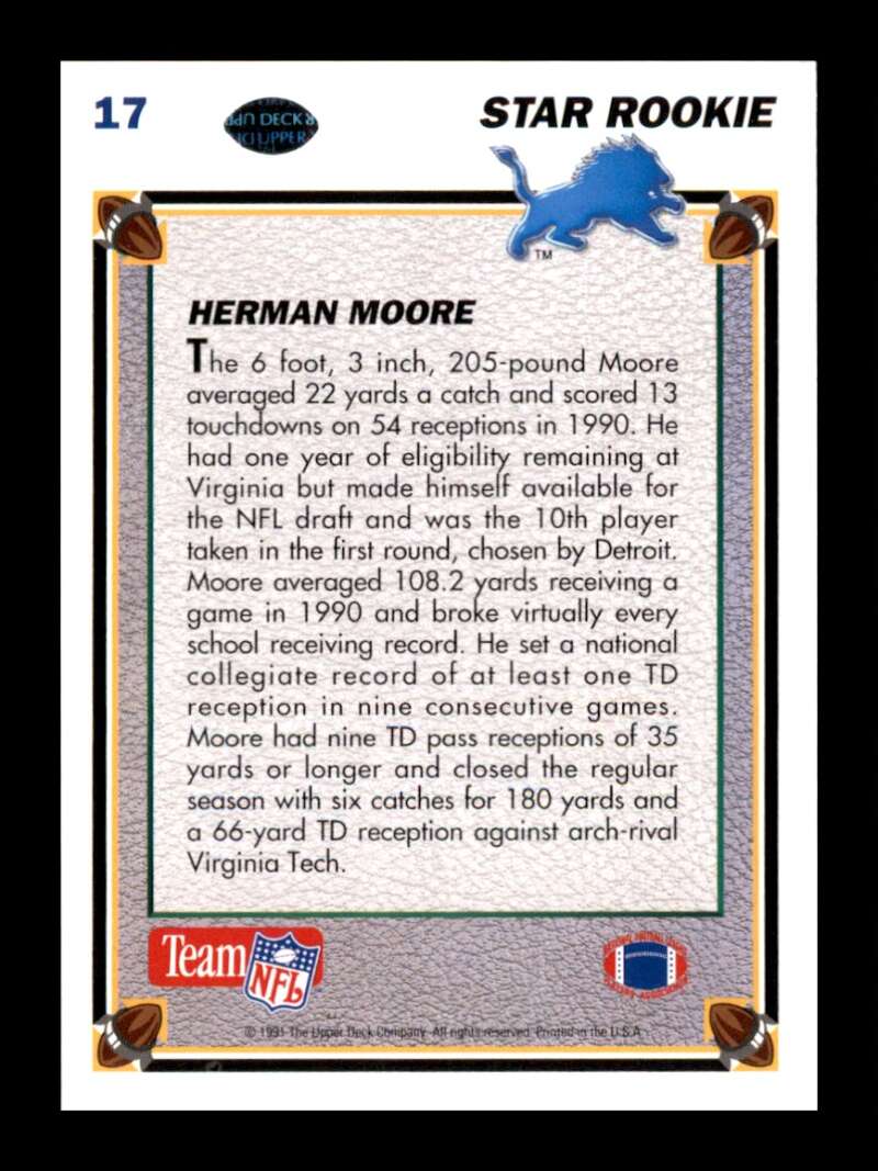 Load image into Gallery viewer, 1991 Upper Deck Herman Moore #17 Rookie RC Detroit Lions Image 2
