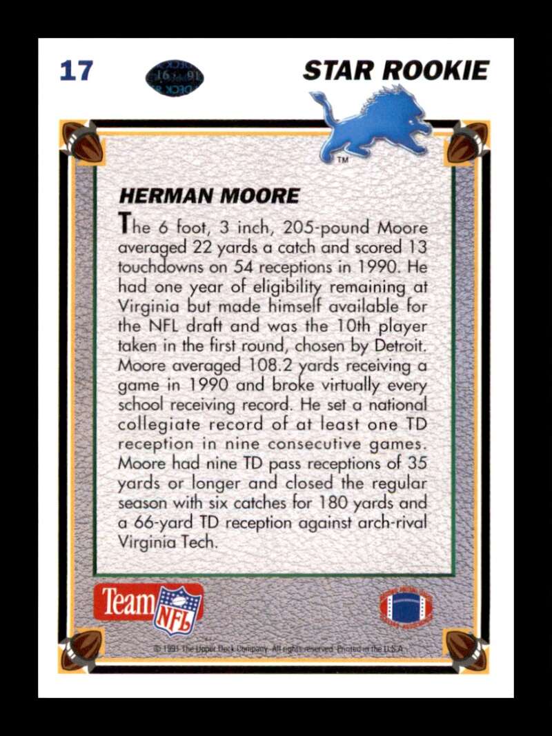 Load image into Gallery viewer, 1991 Upper Deck Herman Moore #17 Rookie RC Detroit Lions Image 2
