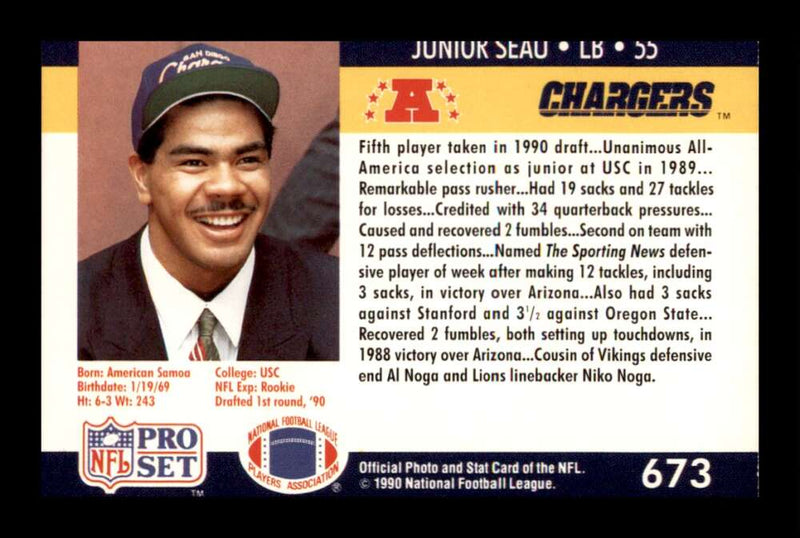 Load image into Gallery viewer, 1990 Pro Set Junior Seau #673 Rookie RC San Diego Chargers Image 2
