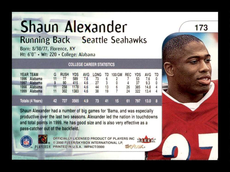 Load image into Gallery viewer, 2000 Skybox Impact Shaun Alexander #173 Rookie RC Seattle Seahawks Image 2
