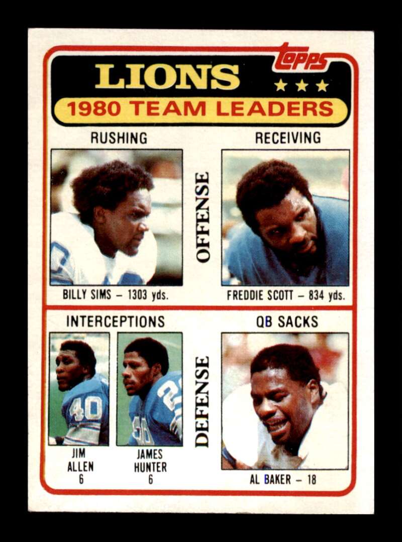 Load image into Gallery viewer, 1981 Topps Billy Sims Freddie Scott Jim Allen James Hunter Al Baker #338 Lions Image 1
