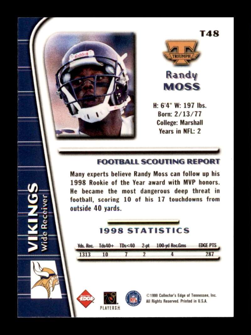 Load image into Gallery viewer, 1999 Collector&#39;s Edge Triumph Randy Moss #T48 Minnesota Vikings Image 2
