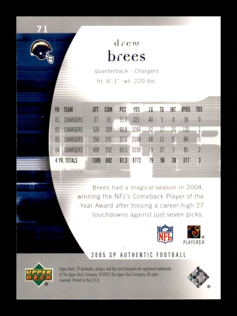 Load image into Gallery viewer, 2005 Upper Deck SP Authentic Drew Brees #71 San Diego Chargers Image 2
