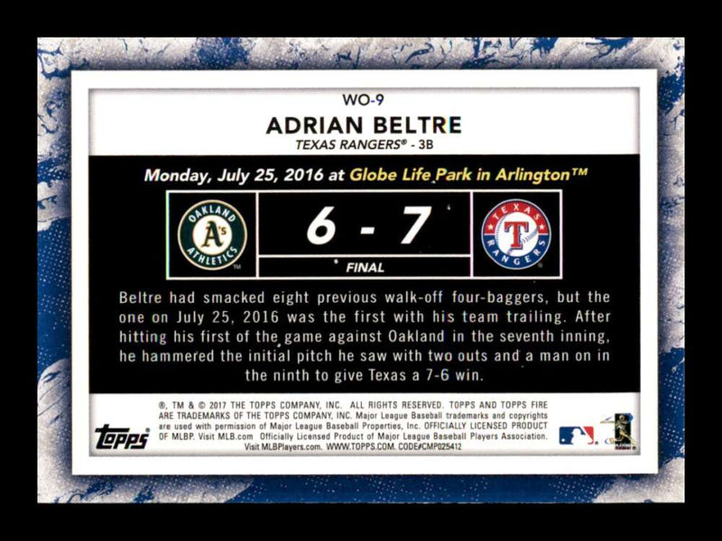 Load image into Gallery viewer, 2017 Topps Fire Walk It Off Adrian Beltre #WO-9 Texas Rangers Image 2
