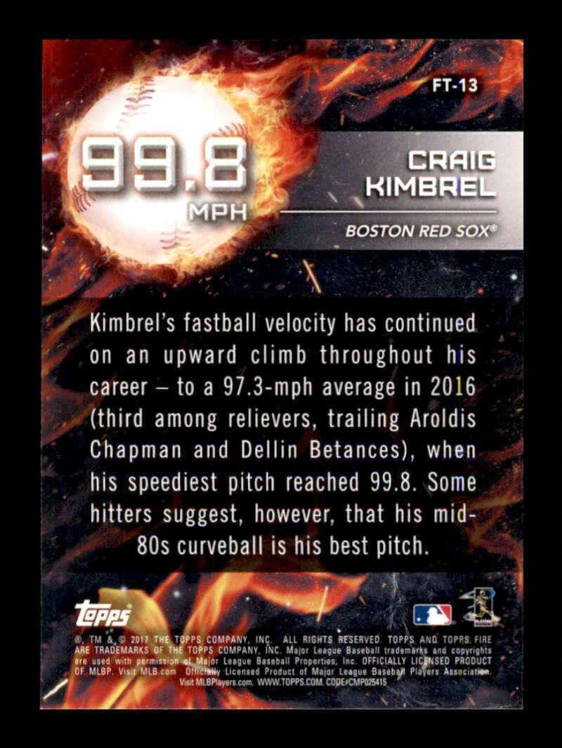 Load image into Gallery viewer, 2017 Topps Fire Flame Throwers Craig Kimbrel #FT-13 Boston Red Sox Image 2
