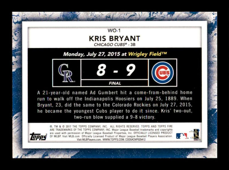 Load image into Gallery viewer, 2017 Topps Fire Walk It Off Kris Bryant #WO-1 Chicago Cubs Image 2
