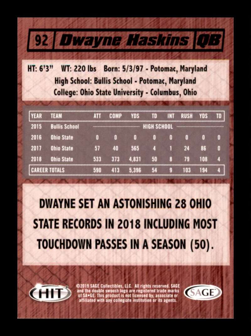 Load image into Gallery viewer, 2019 SAGE HIT Dwayne Haskins #92 Rookie RC Ohio State Buckeyes Image 2
