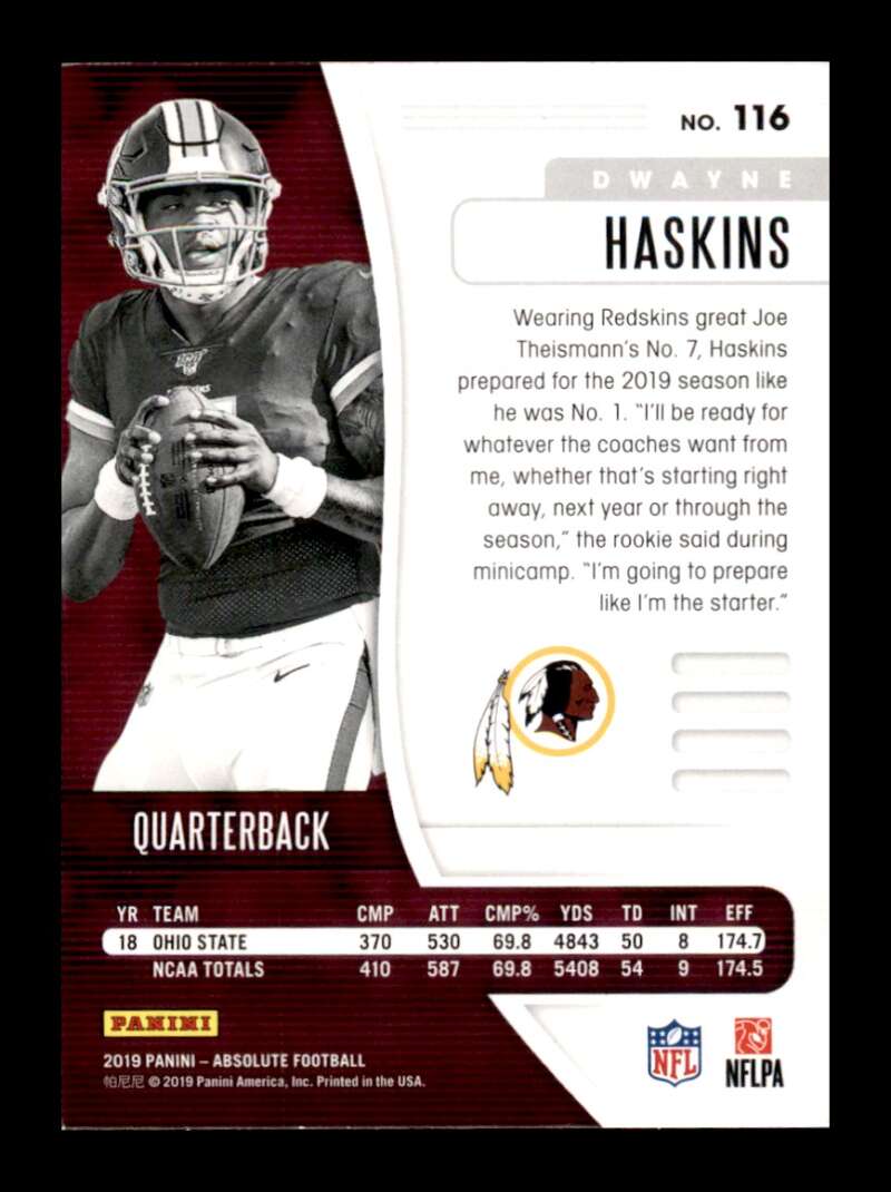 Load image into Gallery viewer, 2019 Panini Absolute Dwayne Haskins #116 Rookie RC Washington Redskins Image 2
