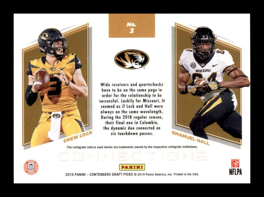 2019 Panini Contenders Draft Collegiate Connections Drew Lock Emanuel Hall 