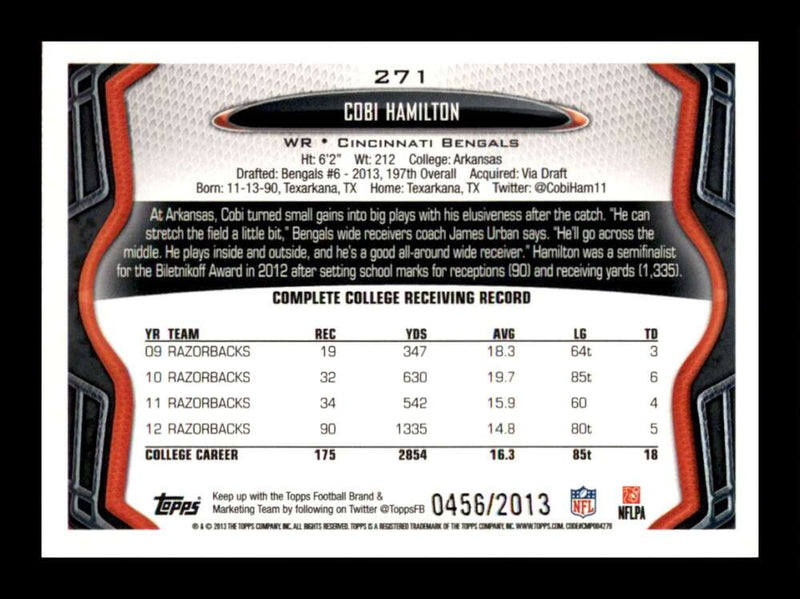 Load image into Gallery viewer, 2013 Topps Gold Cobi Hamilton #271 Rookie RC /2013 Cincinnati Bengals Image 2
