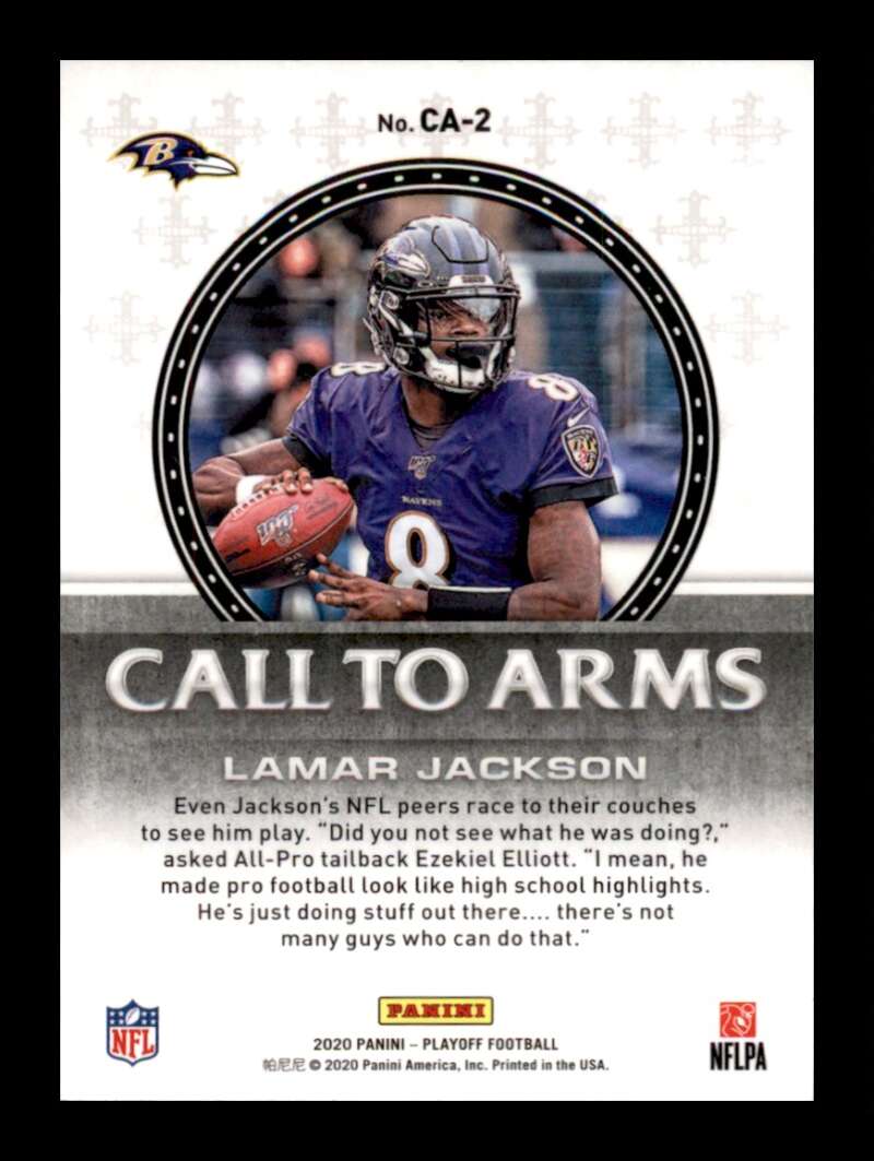 Load image into Gallery viewer, 2020 Panini Playoff Call to Arms Lamar Jackson #CA-2 Baltimore Ravens Image 2
