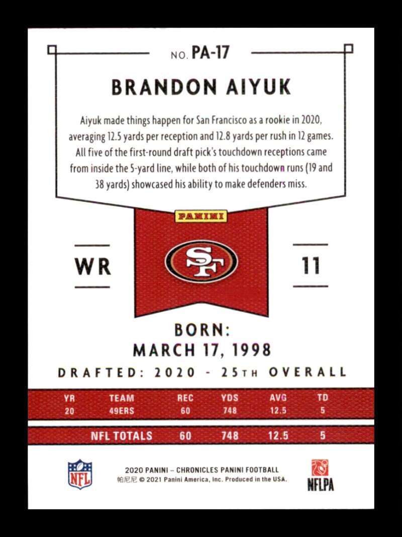 Load image into Gallery viewer, 2020 Panini Chronicles Brandon Aiyuk #PA-17 San Francisco 49ers Image 2
