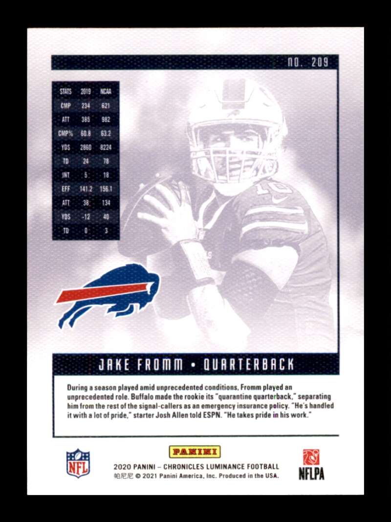 Load image into Gallery viewer, 2020 Panini Chronicles Luminance Jake Fromm #209 Rookie RC Buffalo Bills Image 2
