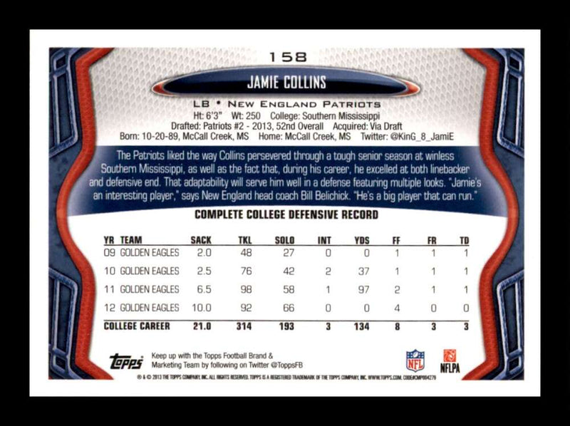 Load image into Gallery viewer, 2013 Topps Jamie Collins #158 Rookie RC New England Patriots Image 2
