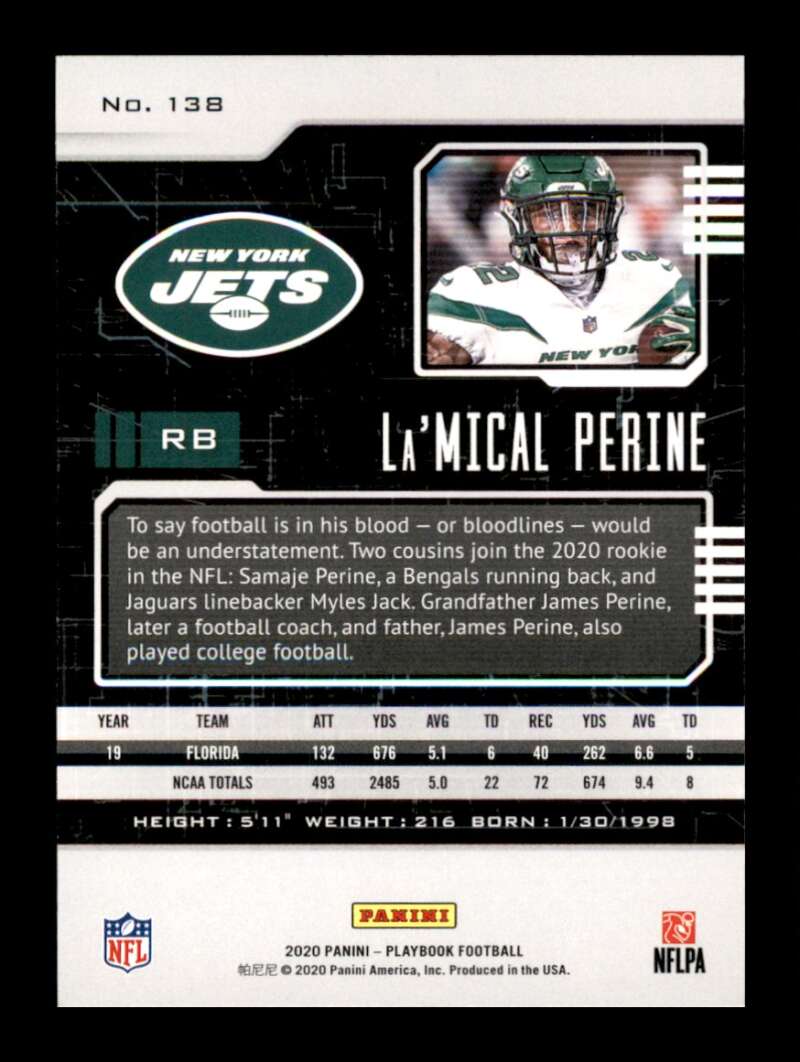 Load image into Gallery viewer, 2020 Panini Playbook Orange La&#39;Mical Perine #138 Rookie RC New York Jets Image 2
