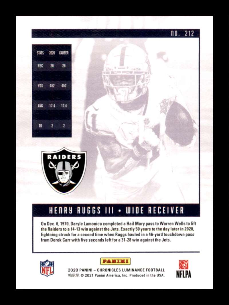 Load image into Gallery viewer, 2020 Panini Chronicles Luminance Henry Ruggs III #212 Rookie RC Raiders Image 2
