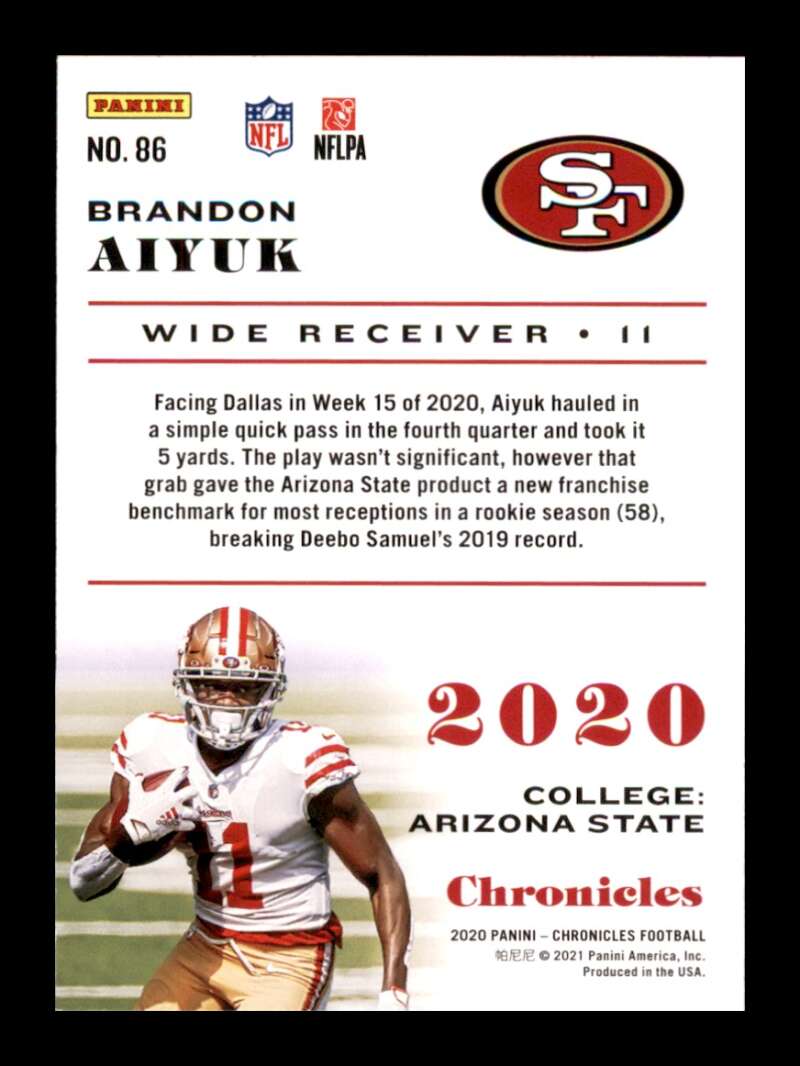 Load image into Gallery viewer, 2020 Panini Chronicles Brandon Aiyuk #86 Rookie RC San Francisco 49ers Image 2
