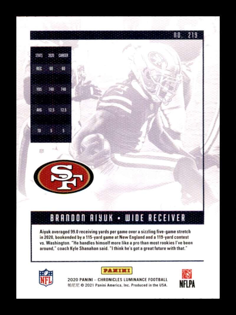 Load image into Gallery viewer, 2020 Panini Chronicles Luminance Brandon Aiyuk #219 Rookie RC 49ers Image 2
