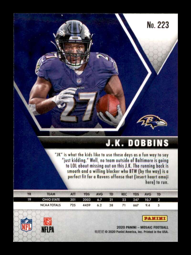 Load image into Gallery viewer, 2020 Panini Mosaic J.K. Dobbins #223 Rookie RC Baltimore Ravens Image 2
