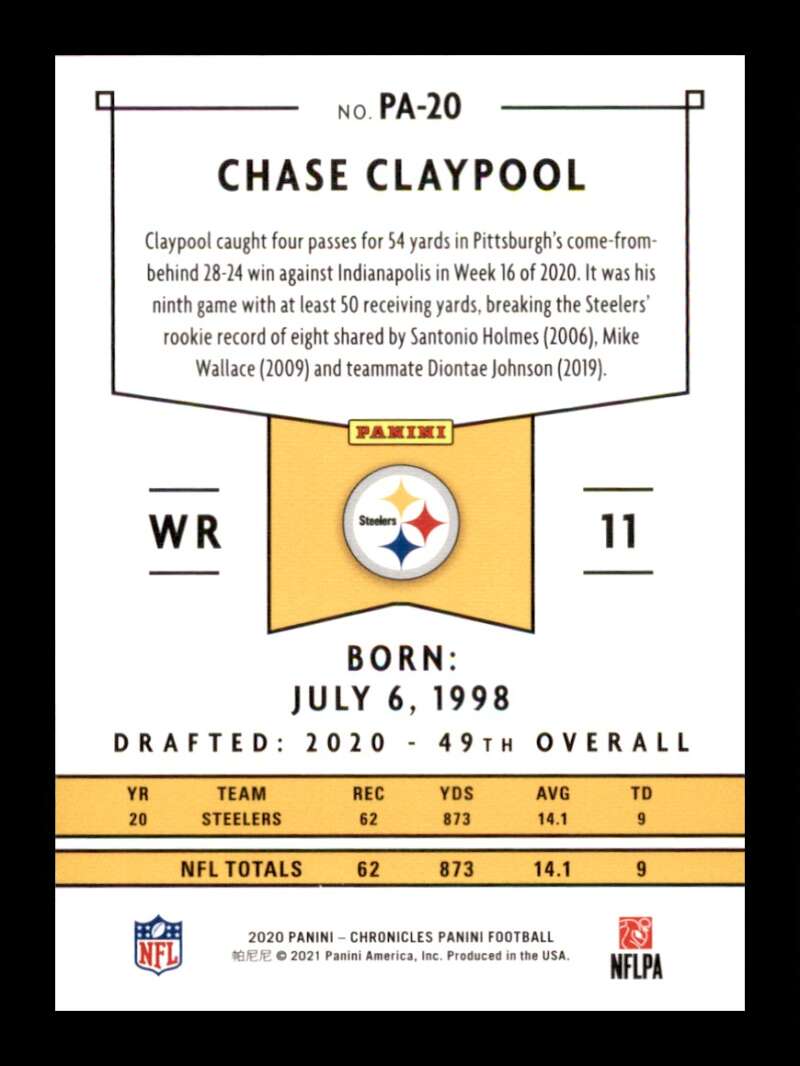 Load image into Gallery viewer, 2020 Panini Chronicles Chase Claypool #PA-20 Rookie RC Pittsburgh Steelers Image 2
