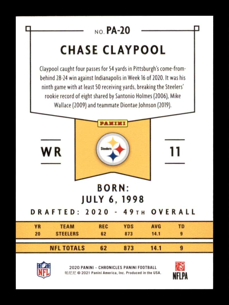 Load image into Gallery viewer, 2020 Panini Chronicles Chase Claypool #PA-20 Rookie RC Pittsburgh Steelers Image 2
