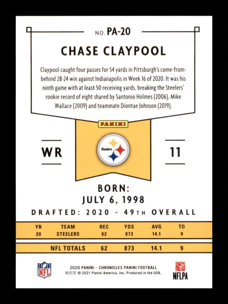 Load image into Gallery viewer, 2020 Panini Chronicles Chase Claypool #PA-20 Rookie RC Pittsburgh Steelers Image 2
