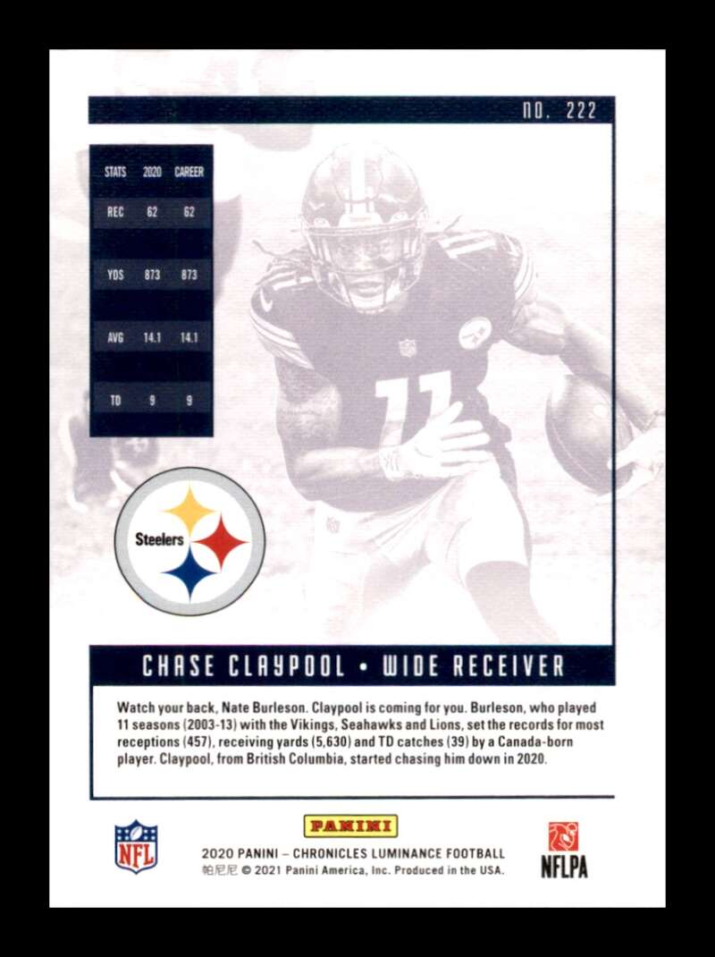 Load image into Gallery viewer, 2020 Panini Chronicles Luminance Chase Claypool #222 Rookie RC Steelers Image 2
