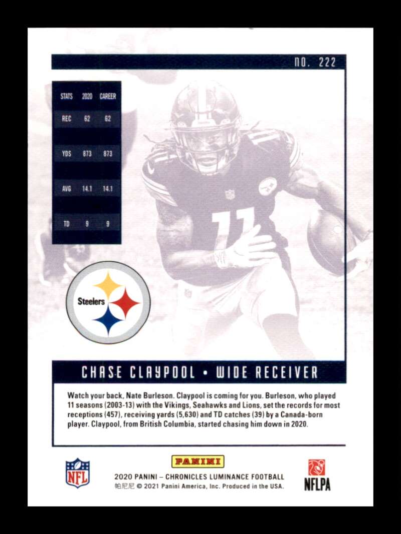 Load image into Gallery viewer, 2020 Panini Chronicles Luminance Chase Claypool #222 Rookie RC Steelers Image 2
