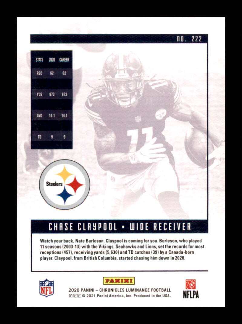 Load image into Gallery viewer, 2020 Panini Chronicles Luminance Chase Claypool #222 Rookie RC Steelers Image 2
