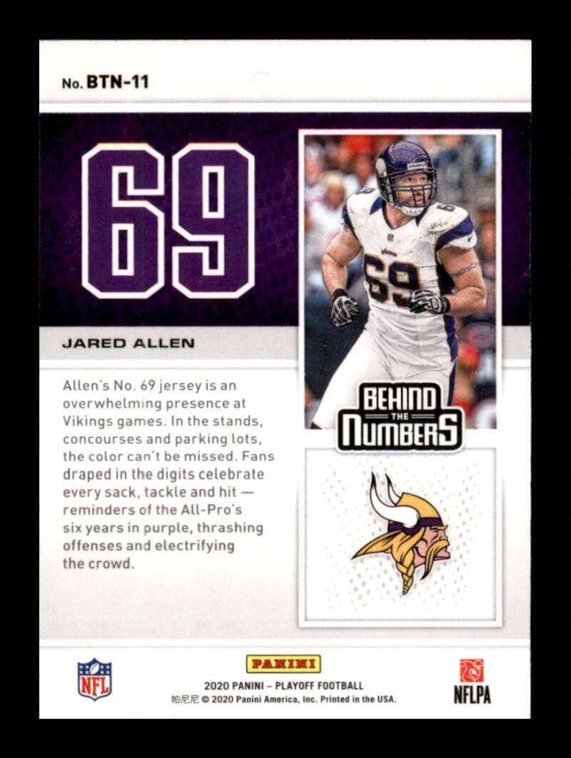 Load image into Gallery viewer, 2020 Panini Playoff Behind The Numbers Jared Allen #BTN-11 Minnesota Vikings Image 2
