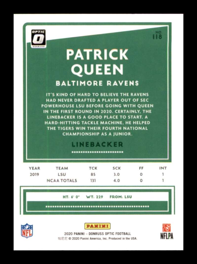 Load image into Gallery viewer, 2020 Donruss Optic Patrick Queen #118 Baltimore Ravens Image 2
