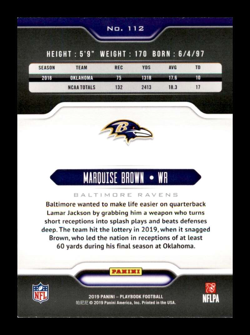 Load image into Gallery viewer, 2019 Panini Playbook Marquise Brown #112 Rookie RC Baltimore Ravens Image 2
