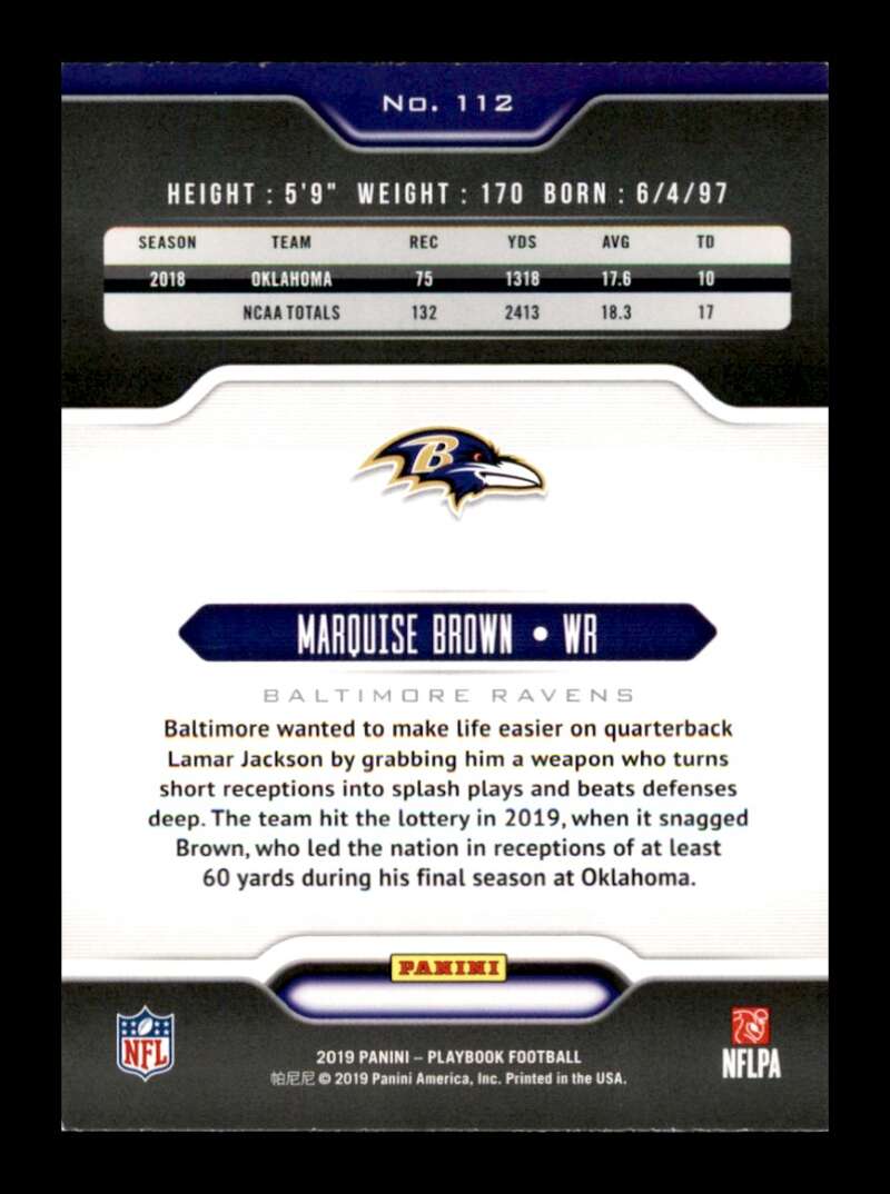 Load image into Gallery viewer, 2019 Panini Playbook Marquise Brown #112 Rookie RC Baltimore Ravens Image 2
