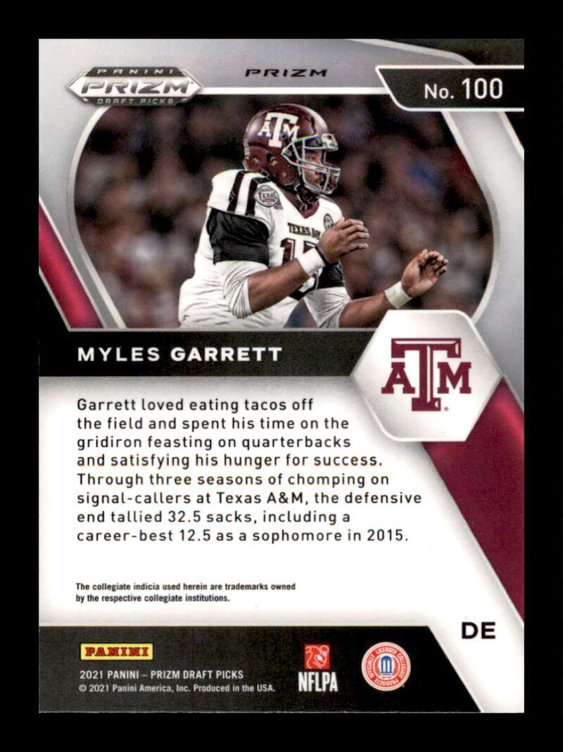 Load image into Gallery viewer, 2021 Panini Prizm Draft Orange Cracked Ice Prizm Myles Garrett #100 Texas Image 2
