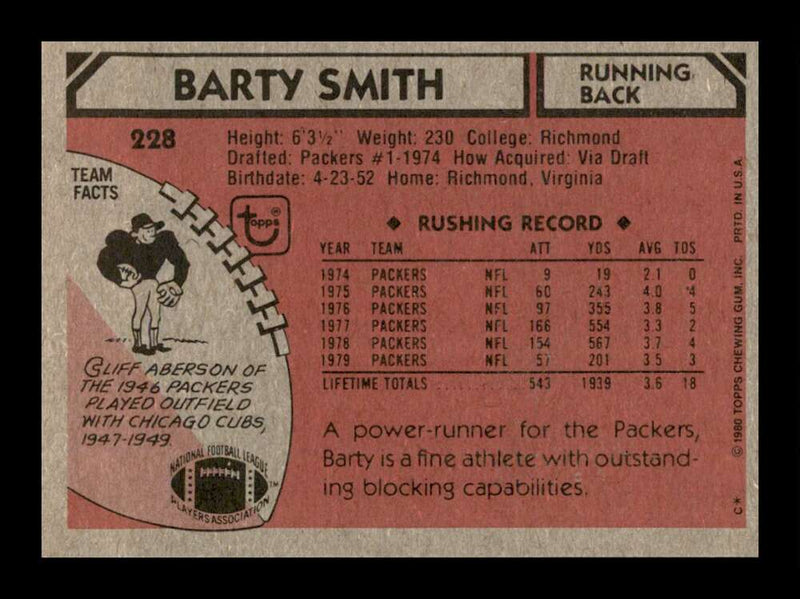 Load image into Gallery viewer, 1980 Topps Barty Smith #228 Green Bay Packers Image 2
